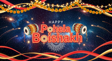 Pohela Boishakh Celebration: Vibrant Drums, Marigold Garlands, and Cosmic Lights Honoring Bengali New Year Traditions