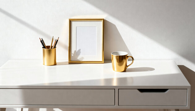 Minimalist home office desk with a blank gold picture frame mockup. Modern white workspace with golden stationery and a mug in natural sunlight - Powered by Adobe