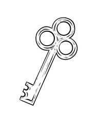 Vector illustration of a key. Antique lock key. Hand-drawn illustration of a vintage door key, graphic, ink drawing. Single element.