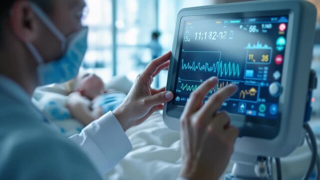 Doctor adjusting monitor beside patient in icu room, masked clinician navigating touchscreen display, cardiac waveform and alarm visible, focused clinical atmosphere and bedside care