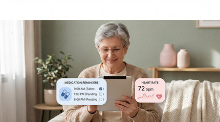 A mature woman sits comfortably at home, checking her medication schedule and heart rate on a digital tablet. She smiles gently, demonstrating technology use and health management.