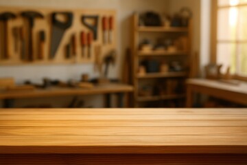 Woodworking workspace filled with tools and wood in warm afternoon light