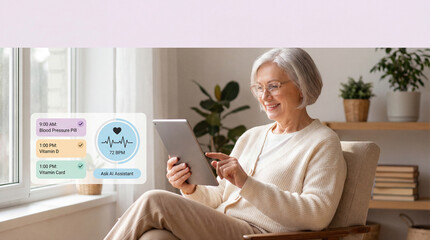 A mature Woman with glasses sitting in her armchair uses her tablet to check her scheduled medications and health metrics, while relaxing in her living room.