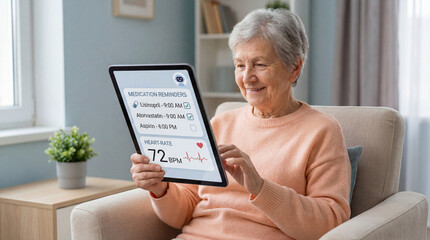 An elderly woman sits in a chair, smiling at a tablet. The tablet displays medication reminders and a heart rate reading, suggesting she is managing her health with technology.