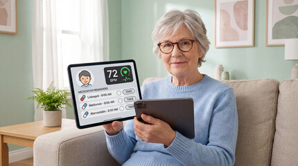 Using technology for healthcare management by senior woman sitting on couch in Living Room, monitoring medication and heart rate