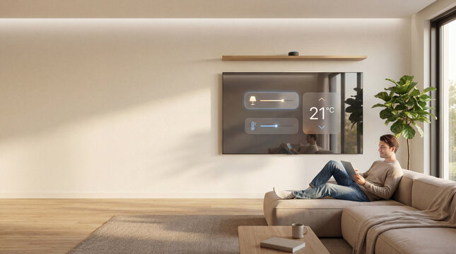 A Man is lounging on a sofa in his living room, using a tablet. The television displays smart home controls like light intensity and temperature to 21 degrees Celcius. - Powered by Adobe