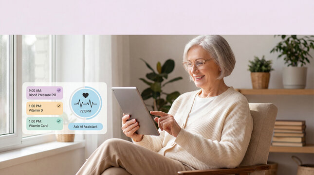 A mature Woman with glasses sitting in her armchair uses her tablet to check her scheduled medications and health metrics, while relaxing in her living room.