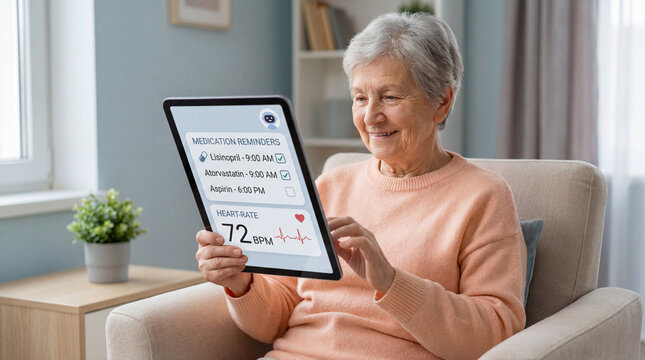 An elderly woman sits in a chair, smiling at a tablet. The tablet displays medication reminders and a heart rate reading, suggesting she is managing her health with technology. - Powered by Adobe
