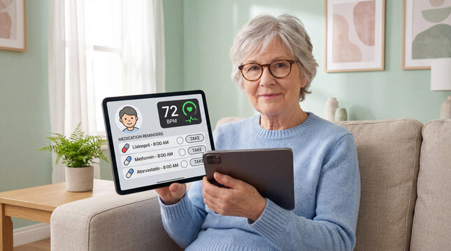 Using technology for healthcare management by senior woman sitting on couch in Living Room, monitoring medication and heart rate