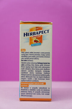 Herbapect Junior syrup box on a pink background, product shot, no sugar added.