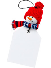 Cute snowman with red hat and scarf holding a red gift tag. Perfect cheerful decorative element for Christmas designs, kids&rsquo; winter themes and festive layouts.