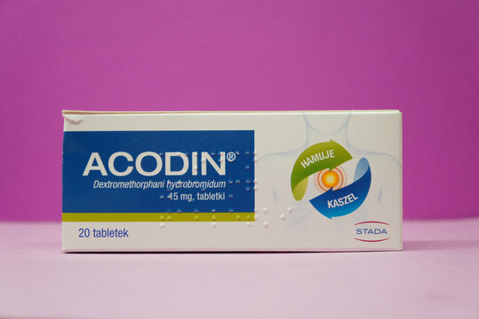 Acodin medicine box on a vibrant purple background, cough and cold treatment