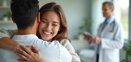 Woman hugs man. Patient embraces doctor in clinic room. Happy female hugs male in hospital. Therapist holds client. Healthcare pro supports couple with love and care.