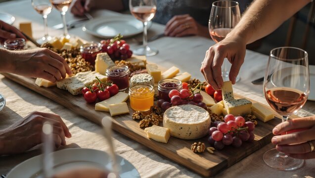 Friends enjoying a beautiful cheese platter at sunset during a summer gathering