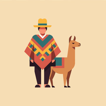 Man in traditional poncho and hat standing next to a llama.