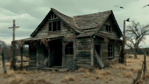 Atmospheric 4K video of a remarkably creepy old abandoned wooden house in a classic western ghost town with numerous nesting birds flying all around situated within the historical Gold Rush mining