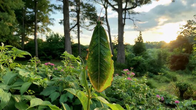 fascinating high quality 4K stock video capturing a leaf insect Phylliidae carefully hanging on top of a plant in the afternoon subtly moving a little as it skillfully pretends to be a leaf of the
