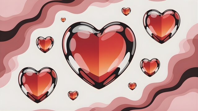 Abstract background with multiple glossy red hearts and wavy pink and brown abstract shapes - Powered by Adobe