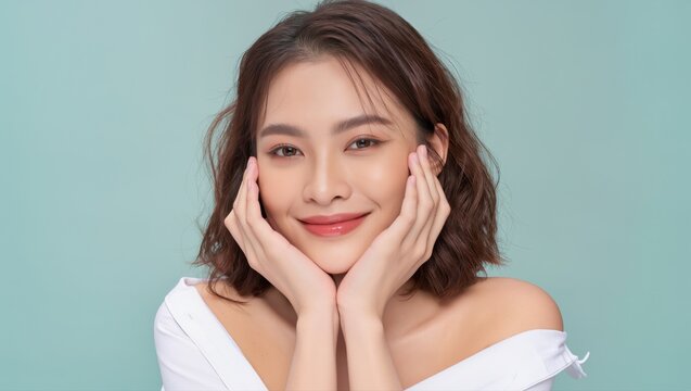 Smiling woman with glowing skin poses with hands on her cheeks against a soft backdrop