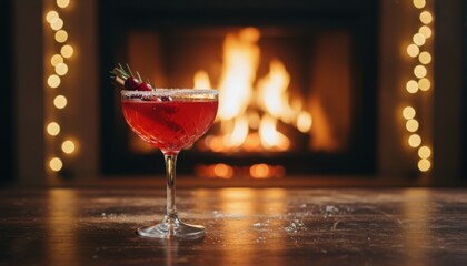 Cozy evening with a festive cocktail by the warm fireplace