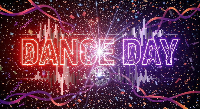 Dance Day: A High-Energy Celebration Featuring Neon Typography, Sound Waves, Confetti, and Disco Ball Honoring Rhythm and Joy