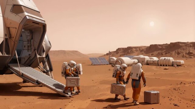 Space explorers carry cargo from a lander to a planetary base. Mission to colonize Mars planet with a research habitat. Panning wide shot.