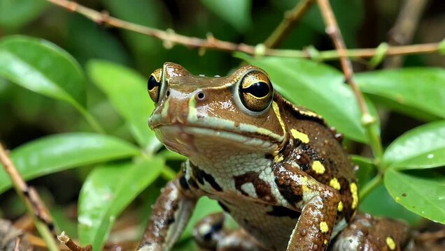 Amazing 4K macro close up of an exotic tropical frog or natterjack toad intensely breathing and looking directly at the camera capturing the wild jungle amphibian as it subtly blinks its eyes and