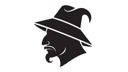 Mysterious wizard head silhouette in profile, a simple black and white vector icon of a sorcerer with a pointed hat and beard