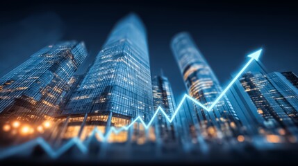 Plakat City skyline with a blue arrow pointing upwards. Concept of growth and progress