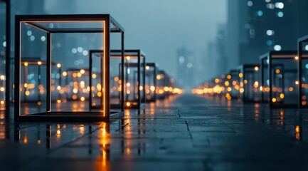 Cityscape with many lit up cubes. The cubes are lit up in different colors and are arranged in a row