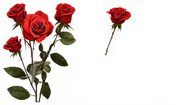 Rosas rojas frescas con tallo y hojas sobre fondo transparente
