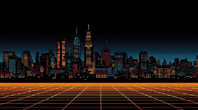 Fototapeta City skyline is shown in a black and white photo with a neon orange background. The city is lit up at night