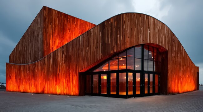 Large building with a curved roof and a large glass window. The building is lit up with orange lights