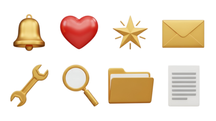 Set of eight 3d golden and red interface icons including a bell, heart, star, envelope, wrench, search, folder, and document, isolated on transparent background