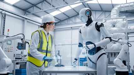 Female technician and a humanoid robot collaborate in a high-tech manufacturing plant. They interact with a virtual data screen during a panning medium shot. - Powered by Adobe