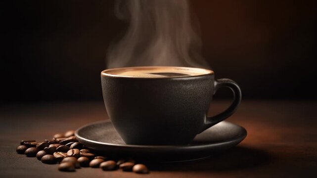 a cup of hot black coffee in a dark matte ceramic cup