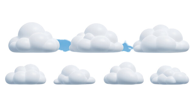 Collection of fluffy white cumulus cloud shapes in various sizes, isolated on transparent background