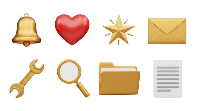 Set of eight 3d golden and red interface icons including a bell, heart, star, envelope, wrench, search, folder, and document, isolated on transparent background