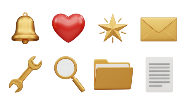 Set of eight 3d golden and red interface icons including a bell, heart, star, envelope, wrench, search, folder, and document, isolated on transparent background
