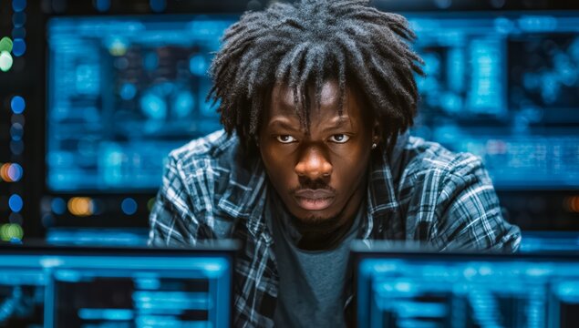 Young man with dreadlocks is sitting in front of a computer screen, intently staring at it. He is focused on his work
