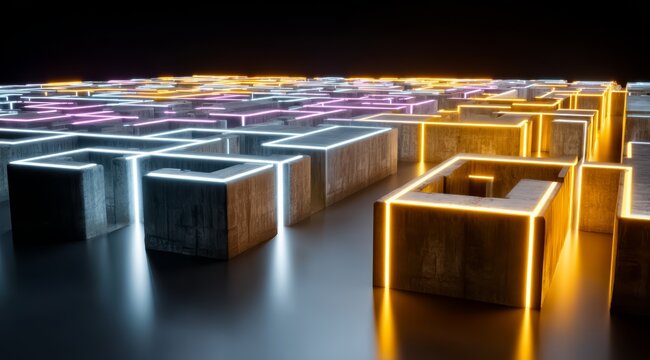 Maze of neon colored cubes with a dark background. The cubes are lit up in neon colors