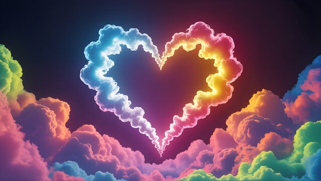 Vibrant rainbow colored smoke heart shape glowing brightly against a dark background with colorful clouds