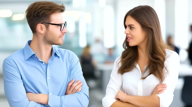 A parallel reality where coworkers switch personalities, dramatic contrasts in behavior, bright natural lighting, sharp facial expressions, blurred background, with copy space