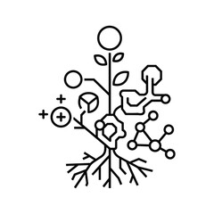 Black and white line art icon representing plant science and technology