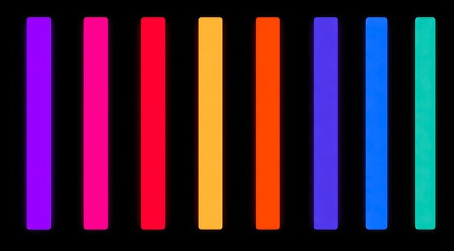 Row of neon colored lights in a black background. The lights are in a rainbow pattern. The colors are bright - Powered by Adobe