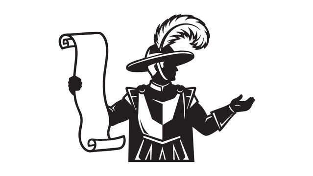 Stylized monochrome graphic of a Renaissance messenger in a plumed hat, delivering a royal decree on a parchment scroll