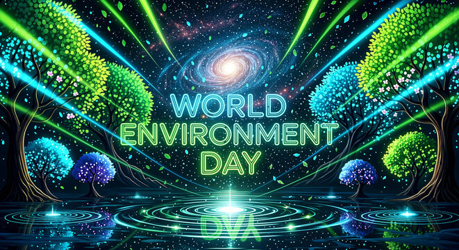 World Environment Day: A Cosmic Celebration Featuring Glowing Trees, Laser Beams, and Galaxy Background Promoting Sustainability and Planetary Awareness
