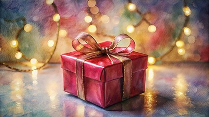 single red gift box tied with a satin bow, placed on a shiny, reflective surface against a blurred background of festive bokeh lights and glowing string lights. Conveys Christmas, holiday, luxury