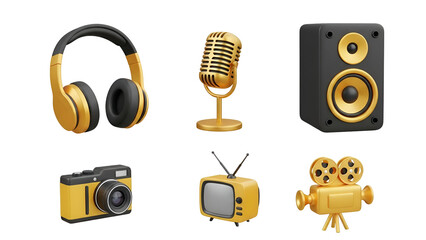 Collection of golden 3d media and audio equipment icons including headphones, microphone, speaker, camera, tv, and film projector isolated on transparent background