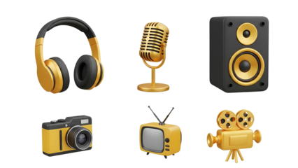 Collection of golden 3d media and audio equipment icons including headphones, microphone, speaker, camera, tv, and film projector isolated on transparent background